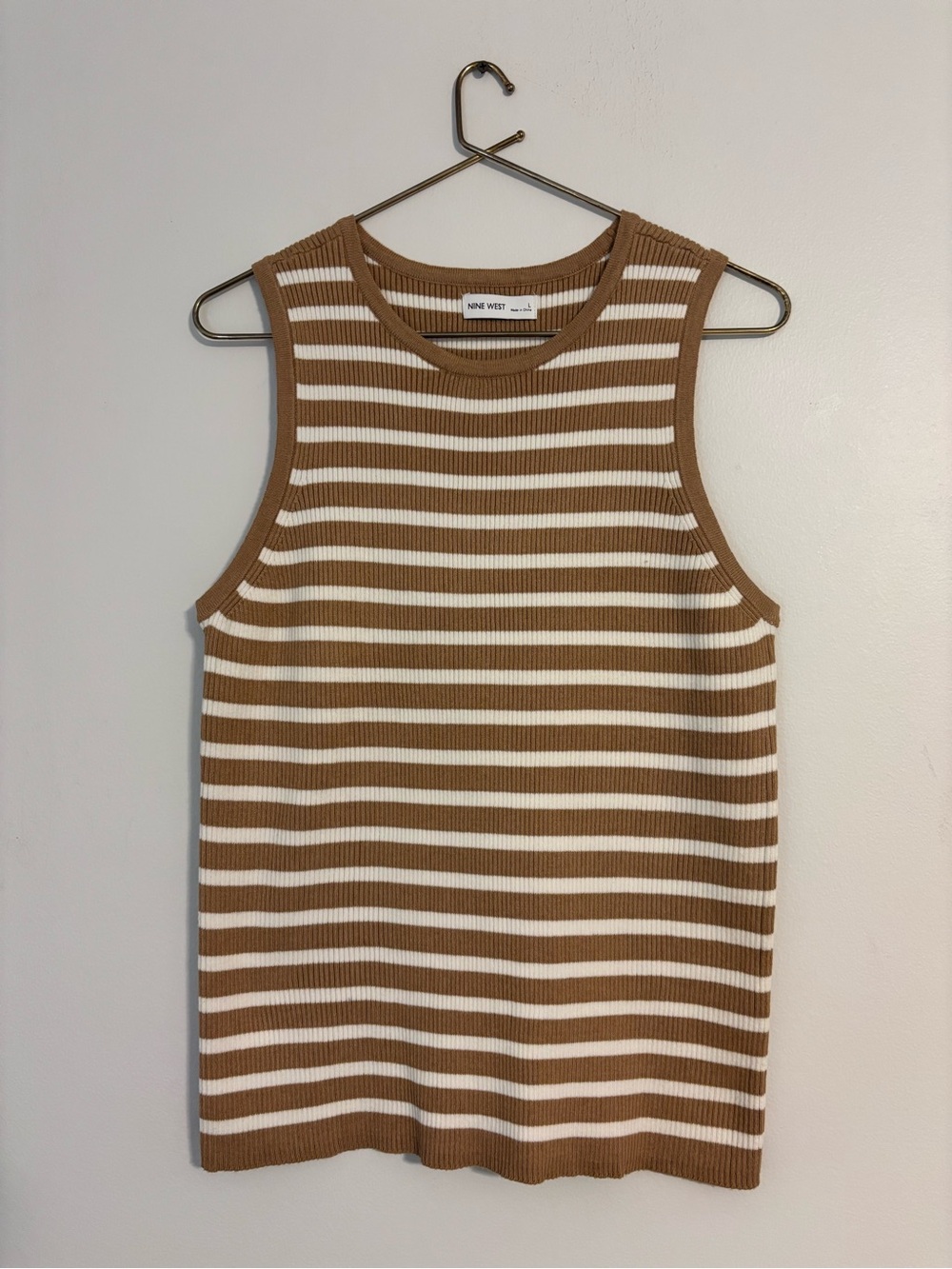 Nine West Brown & White Striped Ribbed Sweater Tank Top - Size Large